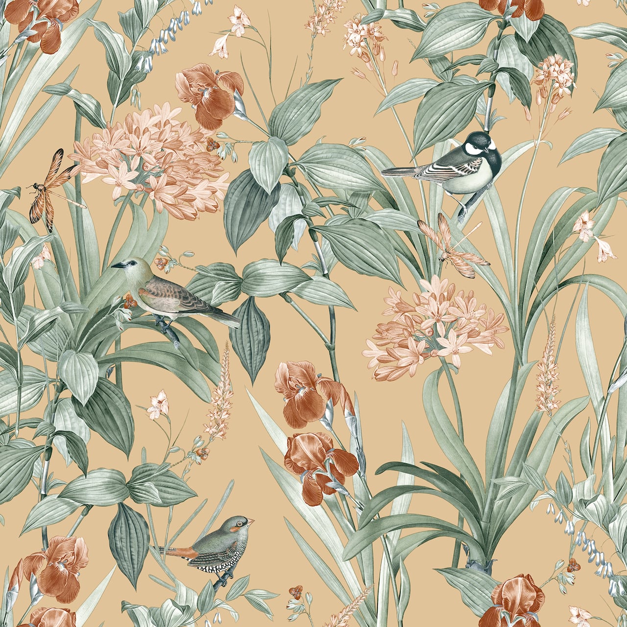 Designs Direct Mint Birds & Dragonflies Botanical Wallpaper